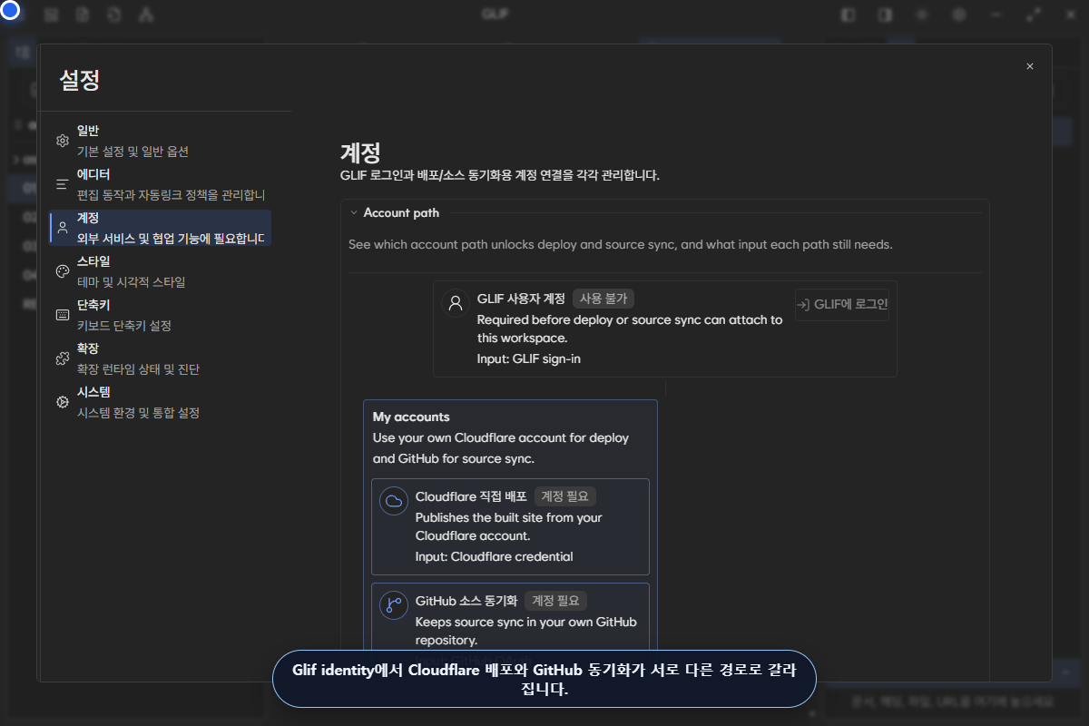 Glif 계정에서 사용자 소유 Cloudflare와 GitHub로 갈라지는 현재 Account path 화면