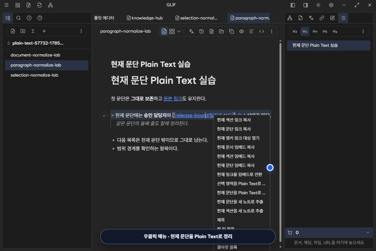 현재 문단 Plain Text 정리 항목을 연 우클릭 메뉴