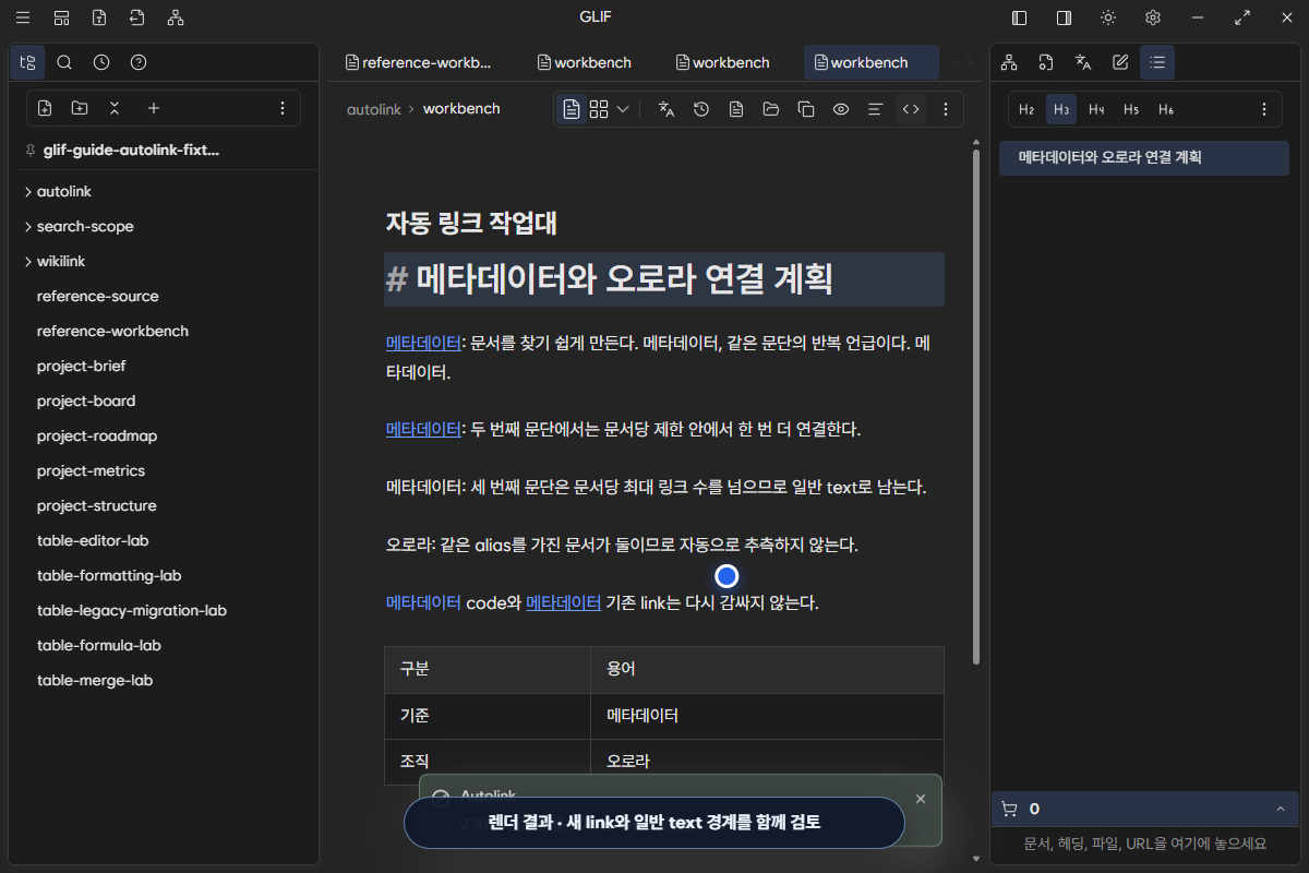 렌더 결과에서 두 새 링크와 제한 때문에 남은 일반 text, 모호한 오로라와 table을 함께 검토한 화면