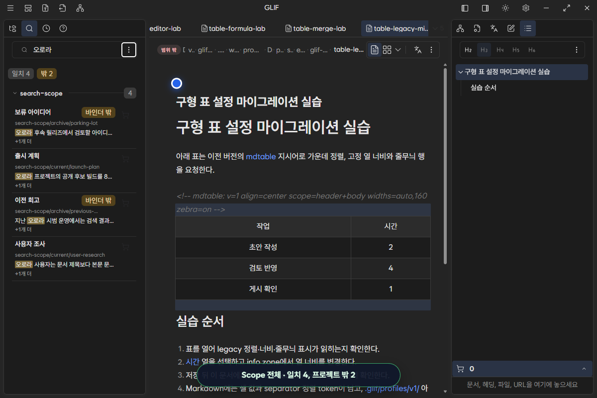 Scope 전체 네 문서와 프로젝트 밖 두 문서를 구분한 검색 결과