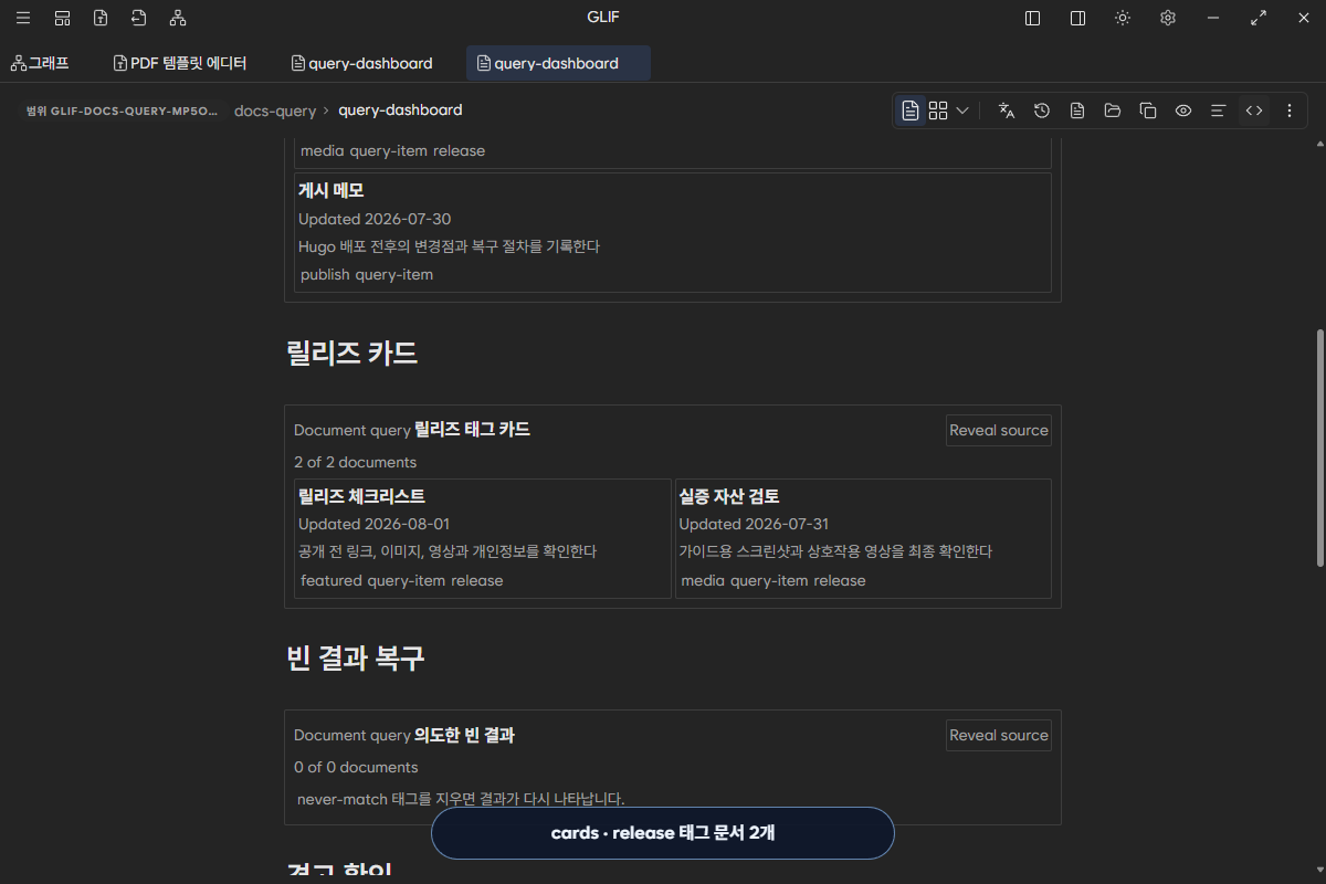 release tag가 있는 릴리즈 체크리스트와 실증 자산 검토를 cards로 표시한 화면