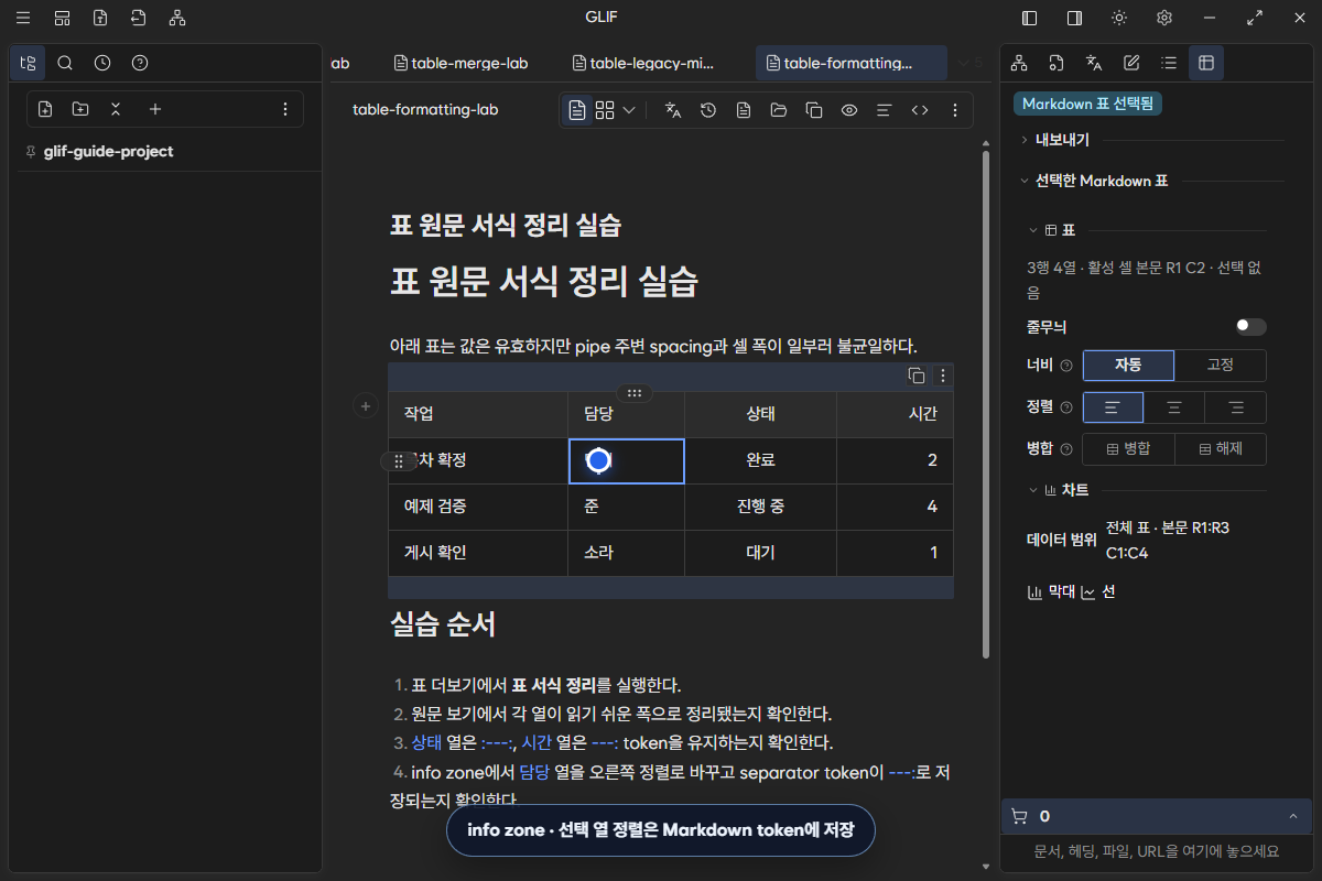 선택 열의 정렬을 바꾸는 표 info zone