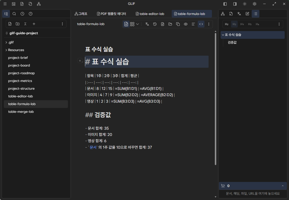 표 수식 literal이 그대로 보이는 Markdown 원문 모드