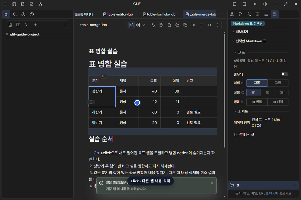 첫 상반기만 남기고 covered cell의 중복 값을 지운 세로 병합 결과