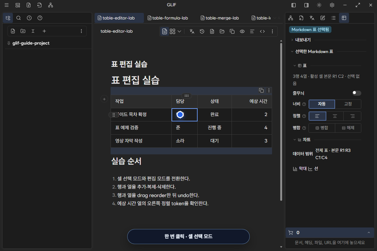 민서 셀을 한 번 클릭해 선택 모드가 된 실제 Glif 표 편집기