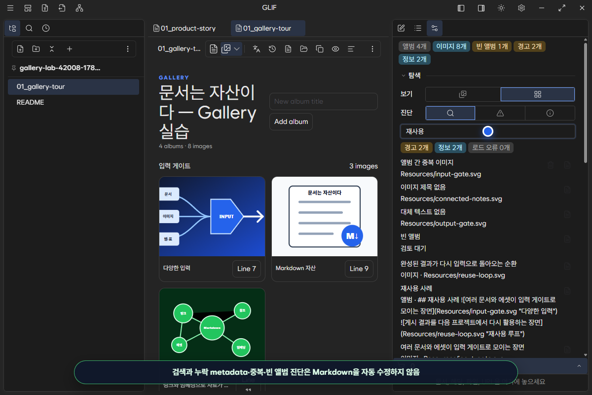 검색 결과와 누락 metadata·중복·빈 앨범 진단을 함께 보여 주는 Gallery 정보 pane